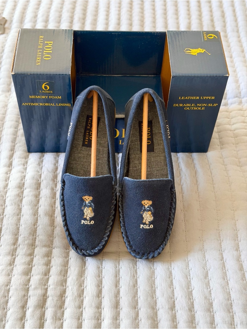 POLO Ralph Lauren Collins Bear Suede Slippers Shoes Moccasins Blue Size US 6 New
